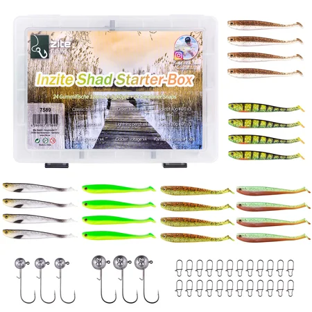 Zander Gummifische Starterbox 24 Inzite Shads 6 Jighaken 24 Karabiner Snaps mit Tacklebox