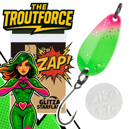 The Troutforce Spoon ZAP! 1,7 g – Glitza Starflare – UV-aktiver UL Spoon für Forellen Zite Fishing 