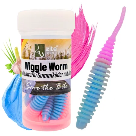 Wiggle Worm Forellenköder Hellblau Rosa Knoblauch 5,5 cm 10 Stück Gummiköder mit Aroma