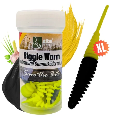 Biggle Worm Schwarz Gelb Knoblauch 6,5 cm 8 Stück Gummiköder Forelle mit Lamellenprofil