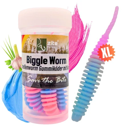 Biggle Worm Hellblau Rosa Knoblauch 6,5 cm 8 Stück Gummiköder für Forellen mit Lamellenstruktur