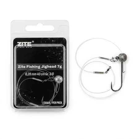 Zite Fishing Jigkopf Ready Rig 7 g – Fluorocarbon-Vorfach 0,28 mm, 40 cm, Gr. 3/0 Jighaken Barsch & Zander