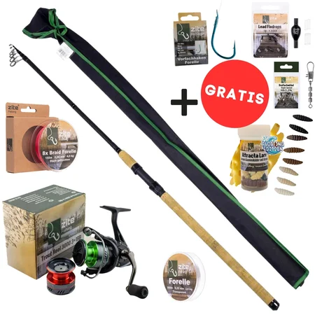 Zite Fishing Fixdrops Forellen Angelset Komplett – Rute 3,30m, Rolle 3000, Schnur + Haken & Köder GRATIS für Forelle