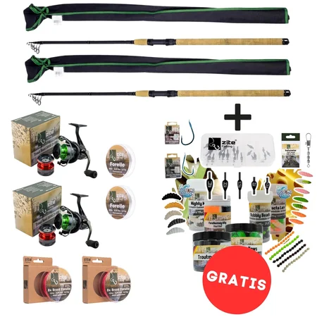 Zite Fishing XXL Fixdrops Forellen Angelset Komplett – 2x Rute 3,30m + 2x Rolle 3000 + 4x Schnur & Starterset GRATIS
