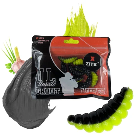 Big Mag Forellen Gummimade Schwarz/Gelb Knoblauch 3 cm UV-aktiv 10 Stück